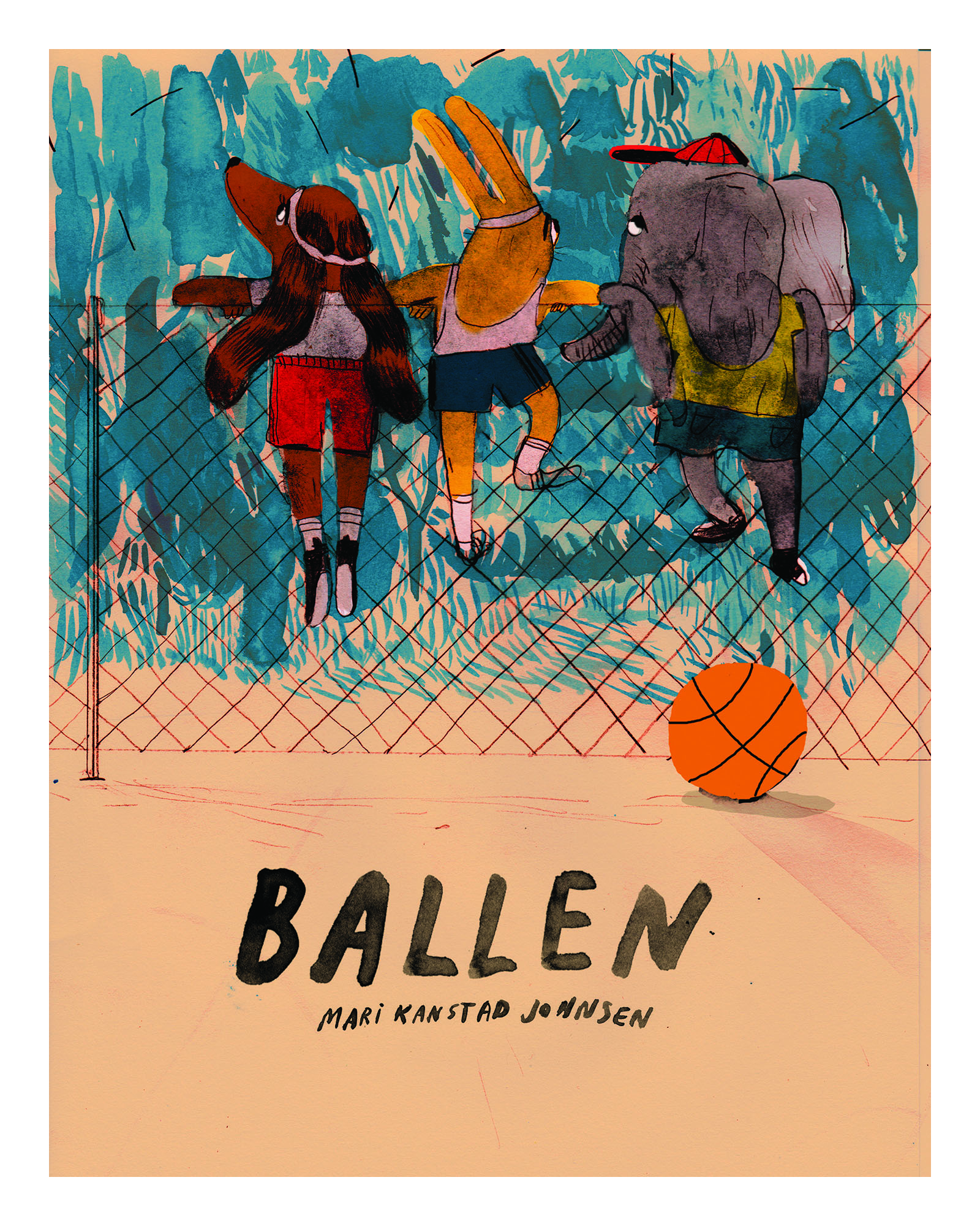 Tre dyr i treningstøy og en basketball