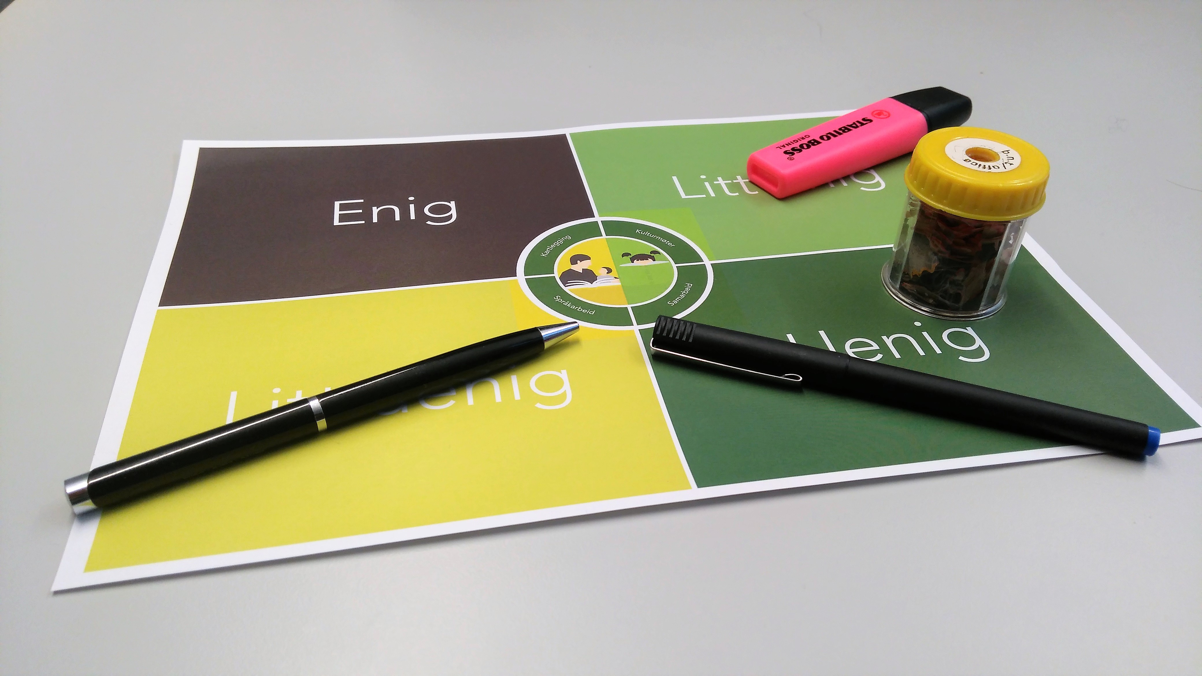 Bilde av spillbrett med blyanter og markørtusj