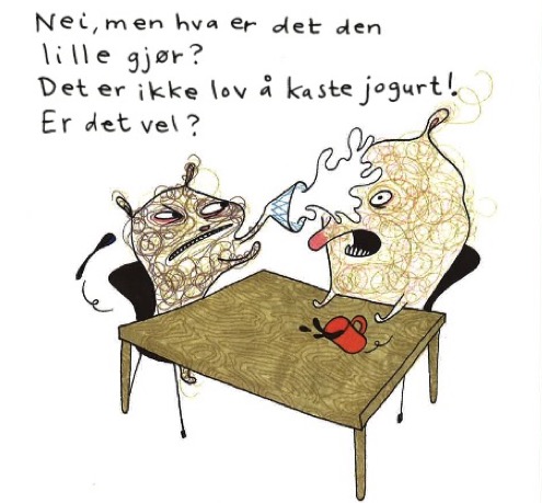 Fabeldyr kaster et glass yoghurt i fjeset på et annet fabeldyr
