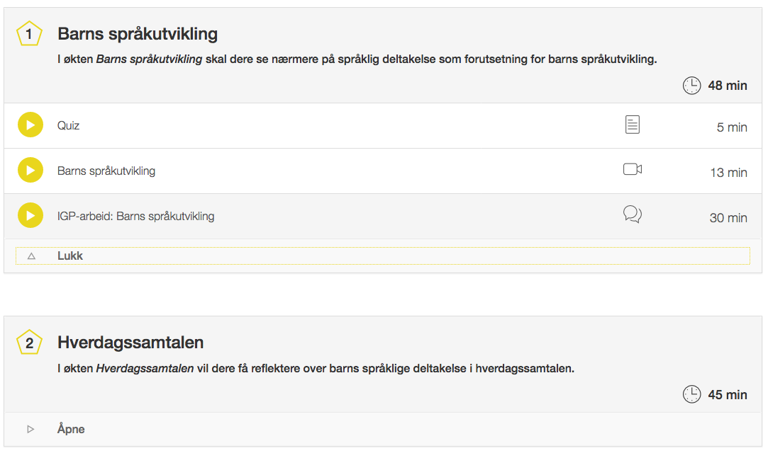 Skjermbilde med opplisting av innholdet i en økt