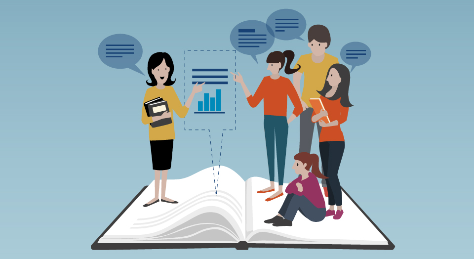 Illustrasjon - elever og lærer står på en stor oppslått bok