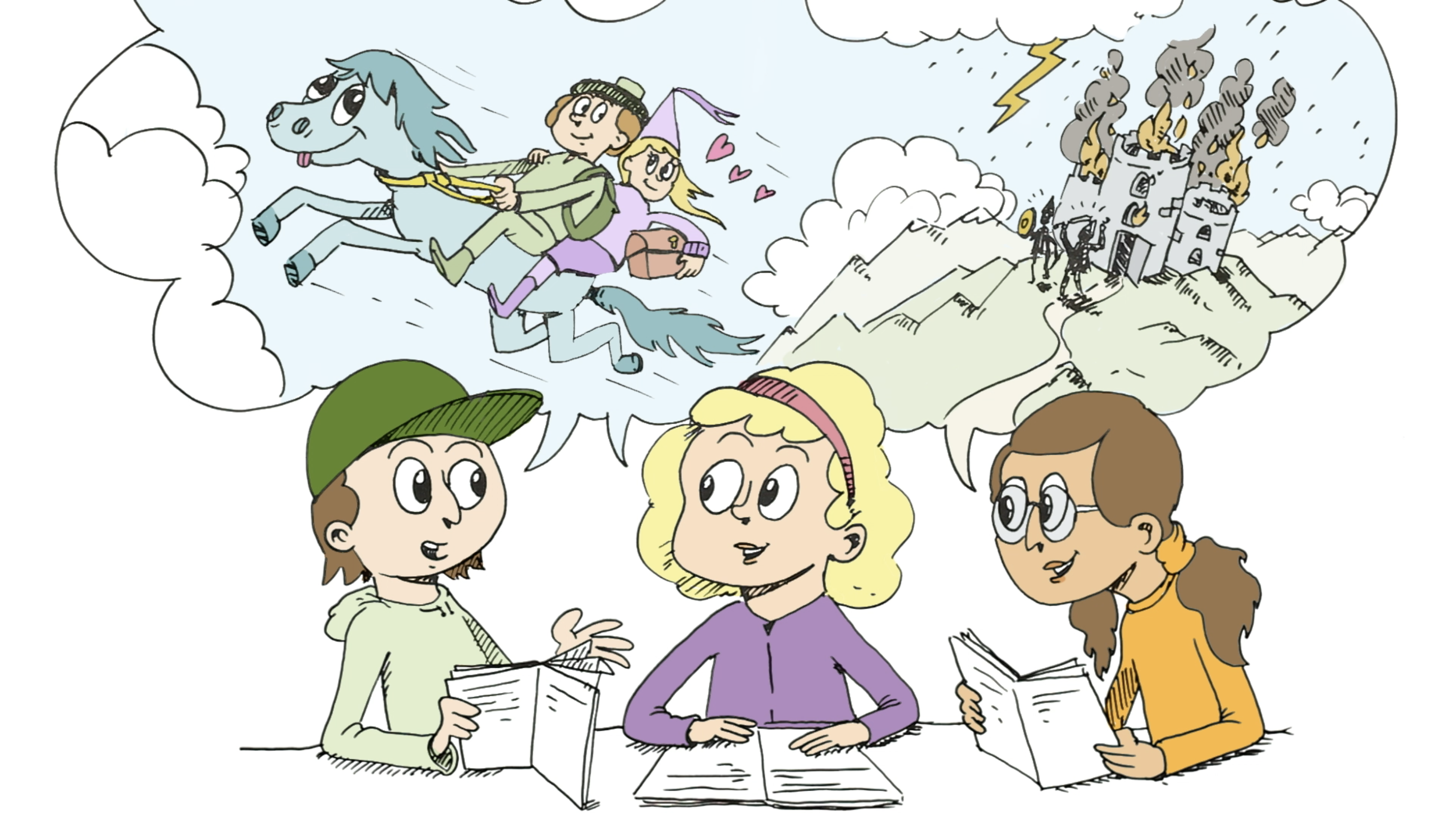 Illustrasjon av tre elever og en snakkeboble med bilde av en brennende borg, en helt og ei prinsesse på hest.