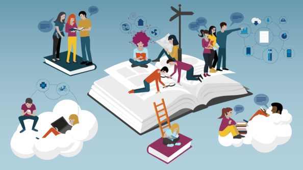 illustrasjon av ulike personer som leser