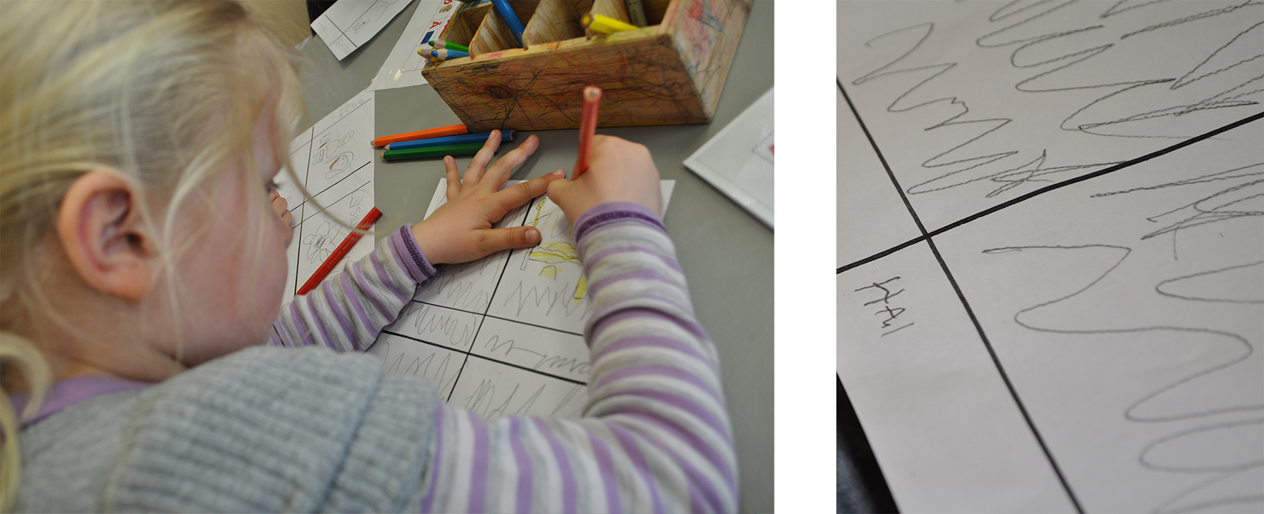 Jente sitter ved bord og lekeskriver