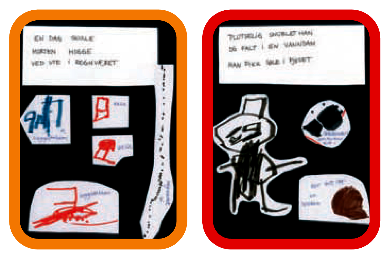 Barnetegninger som barnehagelærer har skrevet tekst over