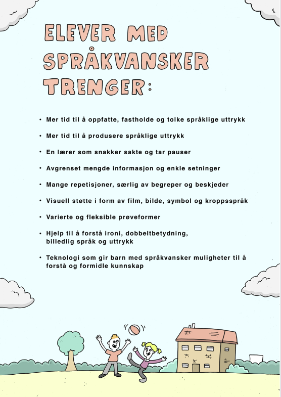 Plakat med tekst og illustrasjon av skole og elever som leker utenfor