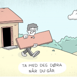En gutt som bærer en dør mens han går ut av huset, og en tekst som sier: "Ta med deg døra når du går"
