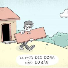 En gutt som bærer en dør mens han går ut av huset, og en tekst som sier: "Ta med deg døra når du går"