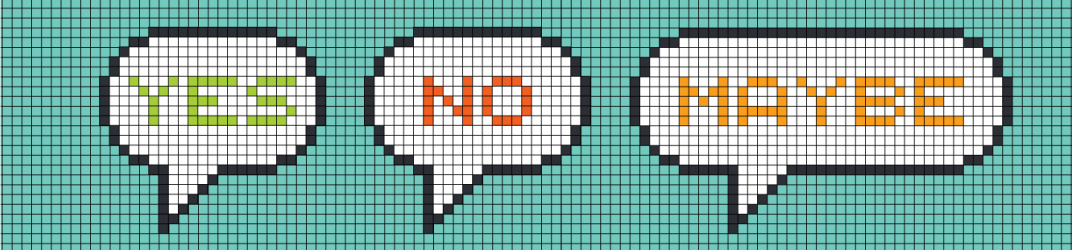 Mosaikk av snakkebobler med ordene "Yes", "No" og "Maybe".